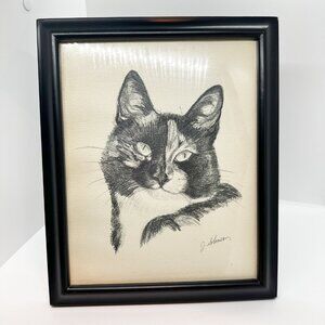 Vintage Cat Sketch Drawing Print Framed Signed Art Artist Familiar Torti Calico